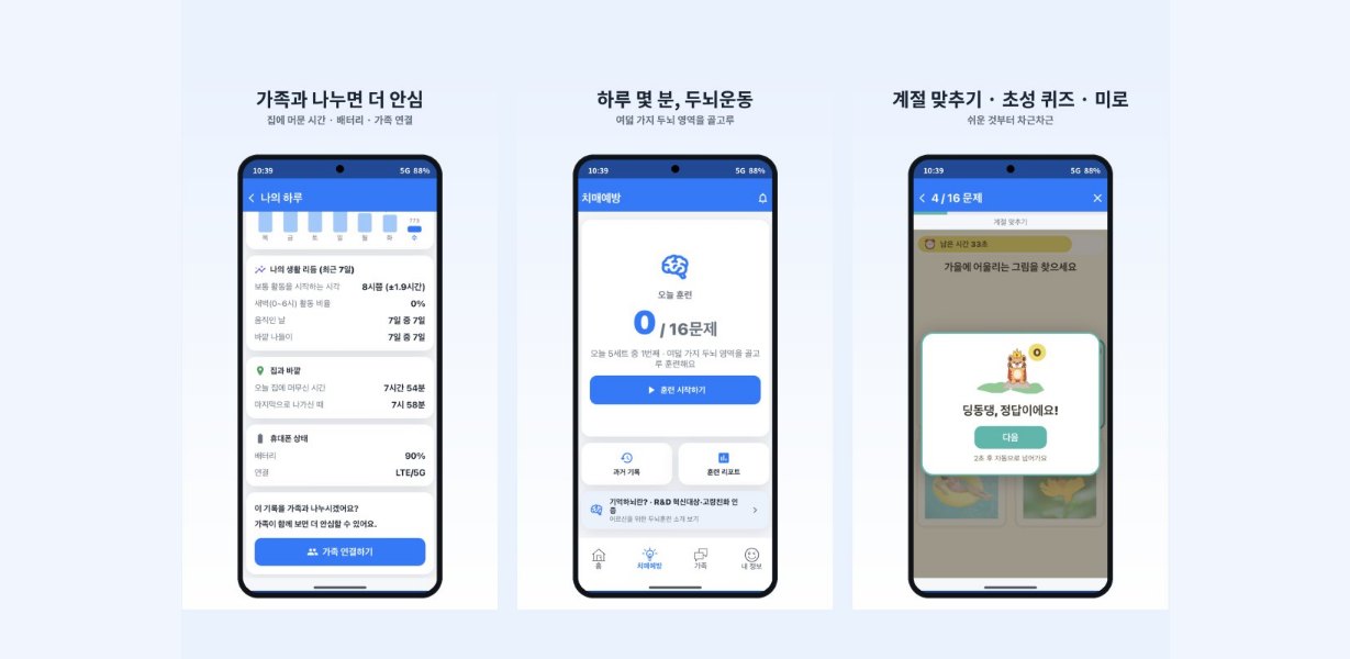 가족안심AI 앱 화면 — 가족과 나누는 안심 · 하루 몇 분 두뇌운동 · 계절 맞추기 퀴즈